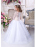 Long Sleeves White Lace Tulle Buttons Back Fabulous Flower Girl Dress